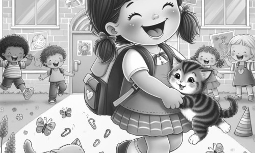 Une illustration destinée aux enfants représentant une petite fille pétillante vivant sa première rentrée des classes, entourée de son chaton joueur, dans une école colorée avec des dessins joyeux accrochés aux murs et des enfants riant et courant dans la cour.