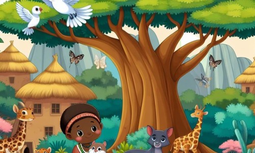 Une illustration destinée aux enfants représentant une femme douce et aimante, assise à l'ombre d'un grand baobab dans un petit village au cœur de la savane africaine, entourée de majestueux animaux sauvages et d'un oiseau aux plumes chatoyantes.