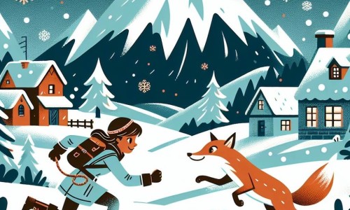 Une illustration destinée aux enfants représentant une courageuse exploratrice (fille) affrontant une montagne enneigée avec l'aide d'un renard malicieux (garçon), dans un petit village pittoresque au pied de la montagne, où les flocons de neige virevoltent joyeusement autour d'eux.