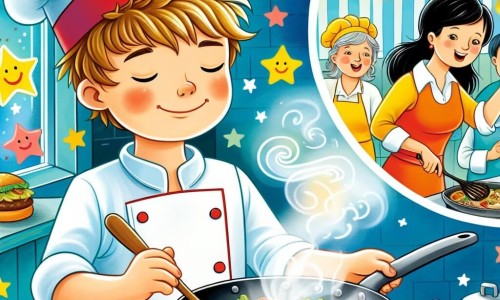 Une illustration destinée aux enfants représentant un jeune garçon passionné de cuisine, un restaurant étoilé où il travaille avec sa maman comme personnage secondaire, dans une cuisine colorée et animée par les délicieuses odeurs qui s'en échappent.
