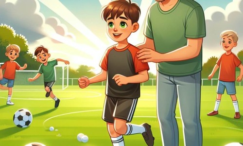 Une illustration destinée aux enfants représentant un jeune garçon passionné de football, rêvant de devenir joueur professionnel, accompagné de son père bienveillant, sur un terrain de football verdoyant et ensoleillé, où il s'entraîne avec ses amis.
