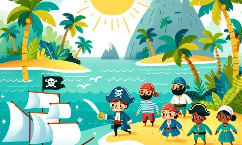 Une illustration destinée aux enfants représentant un courageux marin, entouré de son équipage de pirates, abordant une île mystérieuse aux plages de sable fin et aux cocotiers verdoyants, dans une mer scintillante sous le soleil.