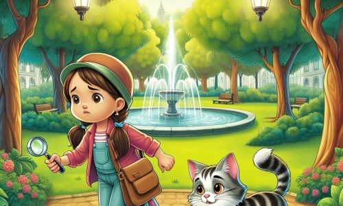 Une illustration destinée aux enfants représentant une fillette déterminée menant une enquête pour retrouver son chat disparu, accompagnée de son fidèle compagnon à quatre pattes, dans un parc verdoyant aux arbres majestueux et à la fontaine scintillante.