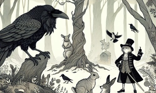 Une illustration destinée aux enfants représentant un corbeau farceur jouant des tours à ses amis animaux dans une forêt enchantée où les arbres chuchotent et les ruisseaux fredonnent, accompagné d'une lapine timide et d'un renard malicieux.