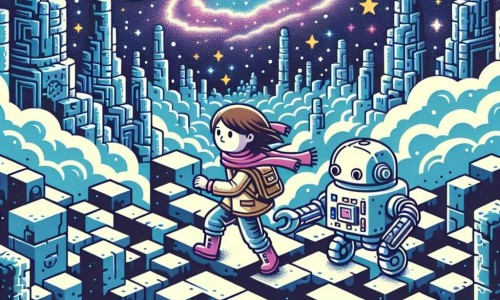 Une illustration destinée aux enfants représentant une exploratrice intrépide, naviguant à travers un labyrinthe d'étoiles avec l'aide d'un compagnon robotique fidèle, sur une planète lointaine aux ruines majestueuses et aux ciels constellés de Nébula.