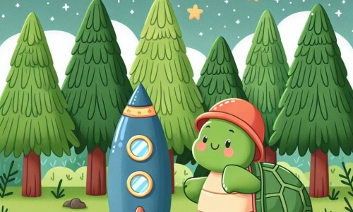 Une illustration destinée aux enfants représentant une tortue rêveuse construisant une fusée avec l'aide d'un hérisson bricoleur, dans une clairière verdoyante entourée de grands arbres majestueux et d'étoiles scintillantes.