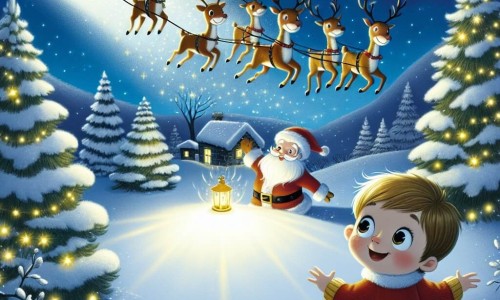 Une illustration destinée aux enfants représentant un petit garçon aux yeux brillants, une rencontre magique avec le père Noël, un traîneau volant tiré par des rennes majestueux se posant dans un jardin enneigé illuminé par la lueur des étoiles.