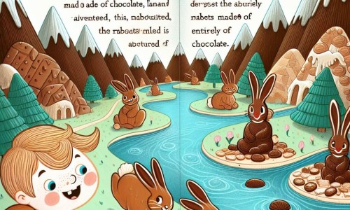 Une illustration destinée aux enfants représentant un petit garçon espiègle, se retrouvant dans un pays féerique en chocolat, accompagné de lapins en chocolat, dans le magnifique pays de Pâquelande, où les arbres sont en chocolat, les rivières en caramel et les montagnes en nougat.