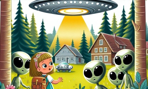Une illustration destinée aux enfants représentant une fillette curieuse découvrant un vaisseau spatial argenté avec des extraterrestres verts aux grands yeux brillants, caché dans une clairière entourée de grands arbres dans un petit village au cœur de la campagne.
