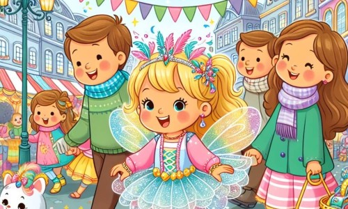 Une illustration destinée aux enfants représentant une petite fille vêtue d'un costume de fée étincelant, embarquée dans une chasse aux trésors carnavalesque avec sa famille, dans les rues colorées et animées de la ville de Villejoyeuse décorées de guirlandes et de fanions.