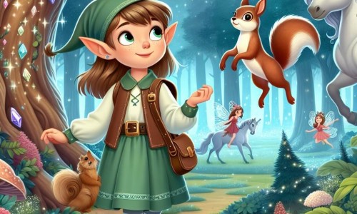 Une illustration destinée aux enfants représentant une jeune elfe curieuse se lançant dans une quête pour retrouver des gemmes magiques, accompagnée de son fidèle écureuil malicieux, dans la luxuriante Forêt Enchantée habitée par des fées étincelantes et des licornes majestueuses.