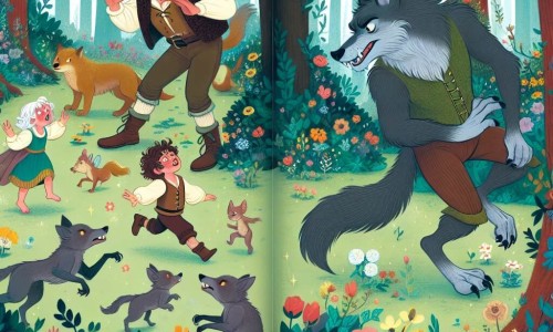 Une illustration destinée aux enfants représentant un loup-garou maladroit découvrant une clairière enchantée pleine de fleurs colorées et d'animaux rigolos, accompagné d'une famille de lutins espiègles, dans une forêt dense et mystérieuse.