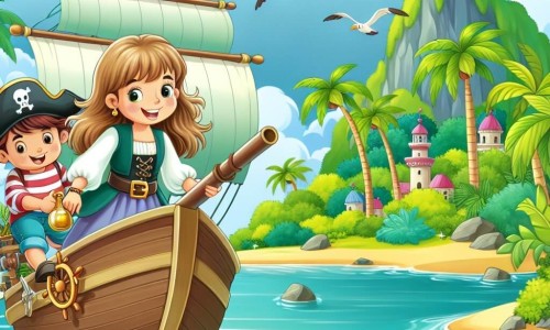 Une illustration destinée aux enfants représentant une jeune femme courageuse voguant sur un navire pirate, accompagnée d'un garçon espiègle, à la recherche d'un trésor caché sur une île luxuriante et mystérieuse.