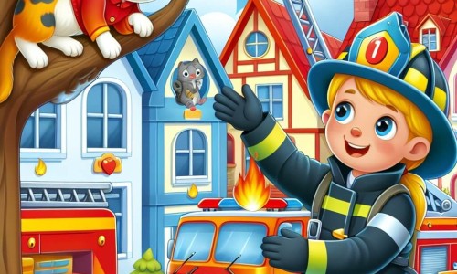 Une illustration destinée aux enfants représentant une courageuse femme pompier en train de sauver un chat coincé dans un arbre, accompagnée du Capitaine Martin, dans la petite ville colorée de Pompierville, avec des maisons aux toits rouges et des camions de pompiers brillants.