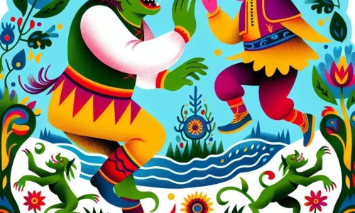 Une illustration destinée aux enfants représentant un ogre coloré en train de jouer à saute-mouton avec un petit garçon espiègle, entourés de fleurs dansantes et de rivières chantantes dans la Contrée des Gargouilles Joyeuses.