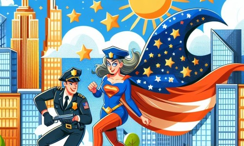 Une illustration destinée aux enfants représentant une femme aux pouvoirs extraordinaires, combattant les méchants avec l'aide d'un courageux policier, dans une ville colorée et animée où les gratte-ciel brillent sous le soleil éclatant.