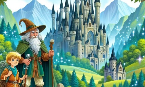 Une illustration destinée aux enfants représentant un courageux aventurier, un sorcier bienveillant, et un majestueux Château Enchanté aux tours effilées et aux fenêtres étincelantes, dans une vallée verdoyante et luxuriante.
