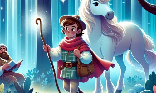 Une illustration destinée aux enfants représentant un berger courageux, plongé dans une forêt enchantée illuminée par une lueur mystique, accompagné d'une licorne majestueuse, dans le monde fantastique de Mythoria.
