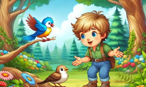 Une illustration destinée aux enfants représentant un garçon curieux et passionné par la nature, qui rencontre un petit oiseau blessé, avec qui il noue une amitié sincère, dans une forêt luxuriante aux arbres majestueux et aux fleurs multicolores.