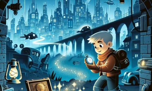 Une illustration destinée aux enfants représentant un jeune garçon aventurier découvrant une montre magique dans une ruelle sombre de Néo-Ville, une ville futuriste flottant sur une île scintillante, entourée de voitures volantes et de bâtiments brillants.