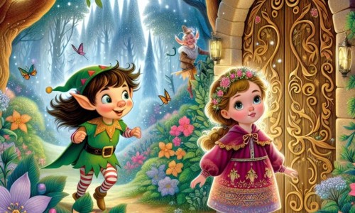 Une illustration destinée aux enfants représentant une jeune fille intrépide se tenant devant une porte en bois sculpté, accompagnée d'un elfe malicieux, dans une forêt enchantée aux arbres chatoyants et aux fleurs éclatantes.