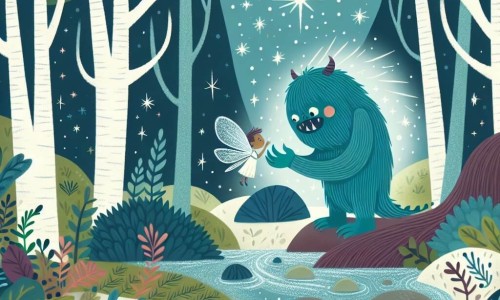 Une illustration destinée aux enfants représentant un monstre bienveillant rencontrant une petite fée blessée, dans une forêt mystique aux arbres murmureurs et aux rivières étincelantes.