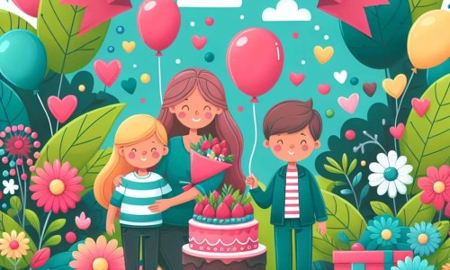 Une illustration destinée aux enfants représentant un petit garçon, sa maman et son papa, célébrant la fête des mères dans un jardin coloré rempli de ballons, de fleurs et d'un gâteau aux fraises.