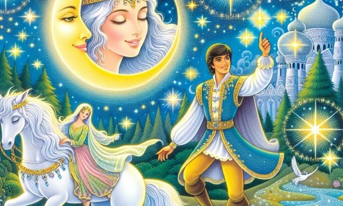 Une illustration destinée aux enfants représentant un prince au cœur pur en quête de l'étoile de l'amour, accompagné de la mystérieuse Lune, dans un royaume scintillant où les étoiles dansent dans le ciel comme des diamants étincelants.