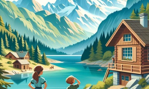 Une illustration destinée aux enfants représentant une fillette en vacances d'été, accompagnée de sa famille, découvrant un chalet en bois au bord d'un lac cristallin entouré de majestueuses montagnes.