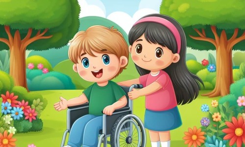 Une illustration destinée aux enfants représentant une jeune fille, assise dans un fauteuil roulant, accompagnée d'une amie joyeuse, dans un parc verdoyant avec des arbres majestueux et des fleurs colorées, symbolisant la découverte de la maladie rare et la force de l'amitié.