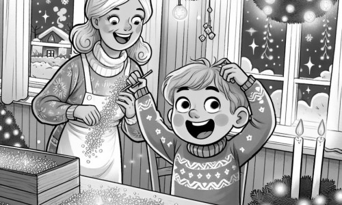 Une illustration destinée aux enfants représentant un petit garçon excité par la préparation du réveillon du Nouvel An, aidé par sa maman, dans une maison décorée de guirlandes scintillantes et de bougies étincelantes.