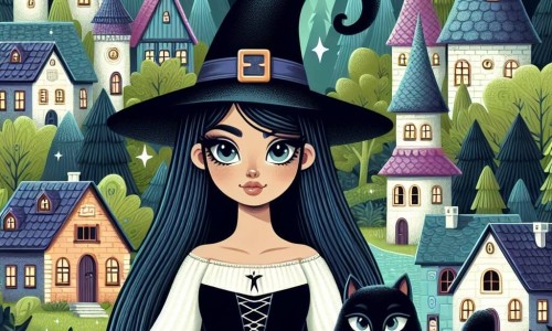 Une illustration destinée aux enfants représentant une jeune sorcière aux longs cheveux noirs brillants, se tenant devant un vieux livre magique, accompagnée de son fidèle chat noir, dans un village enchanteur entouré d'une forêt luxuriante et de maisons colorées aux toits en forme de chapeaux pointus.