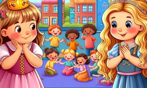 Une illustration destinée aux enfants représentant une fillette timide, une princesse dans une représentation théâtrale, accompagnée de sa nouvelle amie Camille, une petite fille aux boucles dorées, dans une école colorée et chaleureuse remplie de rires et de jeux.