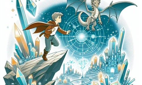 Une illustration destinée aux enfants représentant un jeune garçon courageux se lançant dans une quête magique avec l'aide d'un dragon volant, à travers un Royaume de Cristal étincelant fait de cristaux scintillants et de technologie magique.