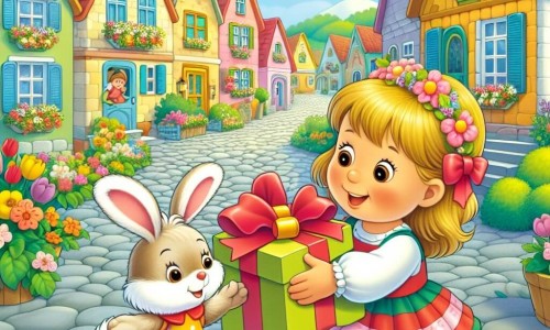 Une illustration destinée aux enfants représentant une petite fille pleine d'énergie préparant une surprise pour sa maman, accompagnée de son fidèle doudou, un lapin en peluche nommé Pompon, dans un charmant village aux maisons colorées et aux rues pavées bordées de fleurs.