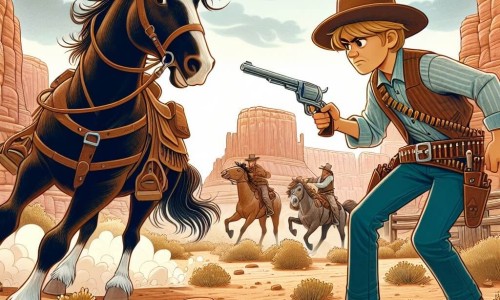 Une illustration destinée aux enfants représentant un jeune cow-boy courageux affrontant des bandits sanguinaires avec l'aide de son fidèle cheval, Éclair, dans l'Ouest sauvage, entre les canyons arides et les vastes plaines poussiéreuses.