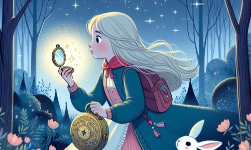 Une illustration destinée aux enfants représentant une jeune fille découvrant un médaillon mystérieux dans une forêt enchantée, accompagnée d'un lapin blanc curieux, sous un ciel étoilé scintillant de mille feux.