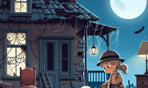 Une illustration destinée aux enfants représentant une petite détective intrépide, accompagnée de son fidèle chien, résolvant un mystère dans une vieille maison abandonnée, avec des meubles poussiéreux et des toiles d'araignées suspendues aux murs délabrés, éclairée par la lueur de la lune brillante dans le ciel étoilé.