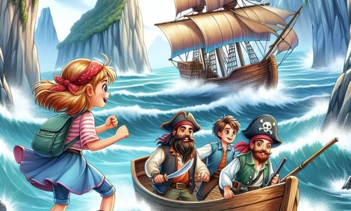 Une illustration destinée aux enfants représentant une jeune fille courageuse et déterminée, embarquée dans une aventure maritime avec des pirates bienveillants, sur une île mystérieuse bordée de falaises escarpées et de vagues déferlantes.