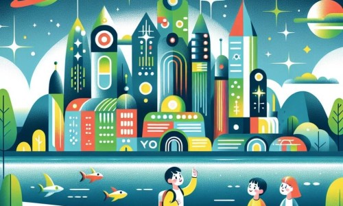 Une illustration destinée aux enfants représentant un garçon curieux explorant une ville futuriste, accompagné de ses amis, dans la cité d'Émeraude aux bâtiments futuristes aux formes audacieuses et aux couleurs éclatantes, sous un ciel constellé de lumières éclatantes.