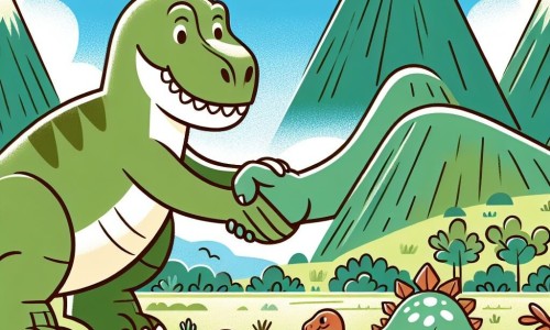 Une illustration destinée aux enfants représentant un imposant Tyrannosaure Rex au grand cœur résolvant un conflit entre dinosaures volants et herbivores, dans la luxuriante vallée de Pétauria où les montagnes verdoyantes se dressent majestueusement sous un ciel bleu azur.