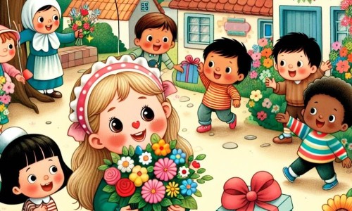 Une illustration destinée aux enfants représentant une fillette espiègle préparant une surprise pour sa maman, avec l'aide de ses amis du village, dans un parc coloré et fleuri.