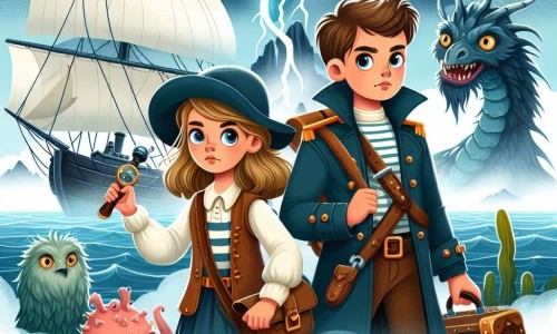 Une illustration destinée aux enfants représentant une jeune exploratrice courageuse, accompagnée d'un jeune marin loyal, naviguant vers l'île des Tempêtes, entourée d'une brume mystérieuse et peuplée de créatures étranges.