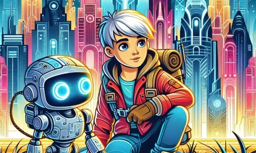 Une illustration destinée aux enfants représentant un jeune garçon aventurier dans une ville futuriste colorée, accompagné d'un petit robot abîmé, découvrant les merveilles de Lumina, une cité aux gratte-ciels scintillants et aux trottoirs lumineux.