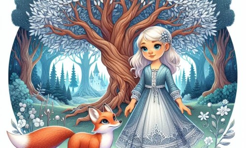 Une illustration destinée aux enfants représentant une jeune fille curieuse se tenant devant un arbre majestueux aux feuilles argentées, accompagnée d'un renard malicieux, dans une clairière enchanteresse de la Forêt Enchantée.