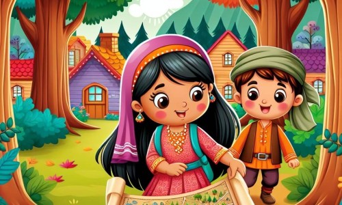Une illustration destinée aux enfants représentant une petite fille, amoureuse de l'automne, qui fait la découverte d'une carte au trésor dans une forêt enchantée, accompagnée de son nouvel ami, un garçon de son âge, dans un village entouré de maisons colorées et bordé d'arbres majestueux.