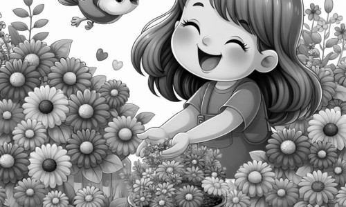 Une illustration destinée aux enfants représentant une fillette joyeuse et pleine d'amour préparant une chasse aux trésors pour sa maman, accompagnée d'un petit oiseau chanteur, dans un jardin fleuri aux couleurs éclatantes de la fête des mères.