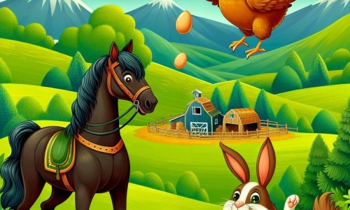 Une illustration destinée aux enfants représentant un noble destrier brun foncé, un lapin excité et une poule acrobate jonglant avec des œufs dans une ferme au cœur d'une vallée verdoyante.