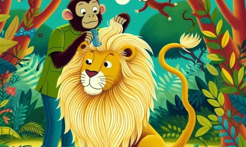 Une illustration destinée aux enfants représentant un lion au pelage doré, cherchant désespérément à retrouver sa crinière parfaite, avec l'aide maladroite d'un singe coiffeur, dans une jungle luxuriante aux arbres touffus et aux lianes colorées.