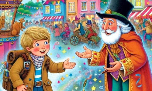 Une illustration destinée aux enfants représentant un garçon aventurier, un magicien mystérieux, un village coloré et enchanté lors du jour du carnaval.